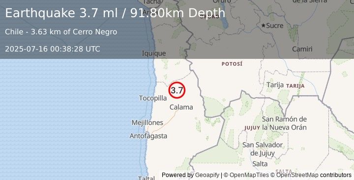 Earthquake ANTOFAGASTA, CHILE (3.7 ml) (2025-07-16 00:38:28 UTC)
