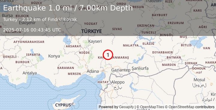 Earthquake CENTRAL TURKEY (1.0 ml) (2025-07-16 00:43:45 UTC)