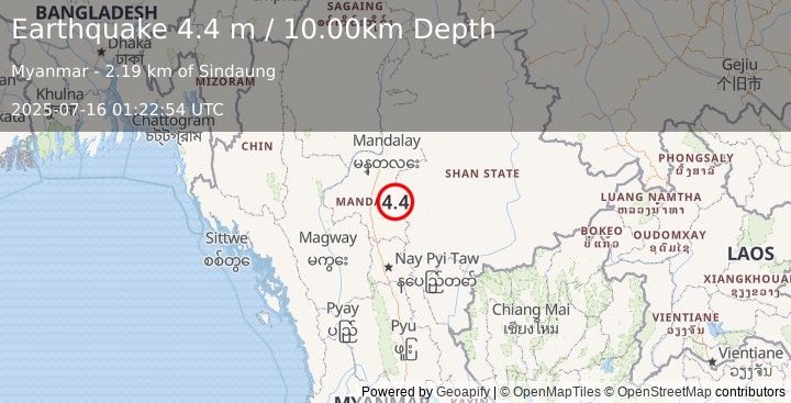 Earthquake MYANMAR (4.4 m) (2025-07-16 01:22:54 UTC)