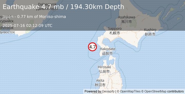 Earthquake HOKKAIDO, JAPAN REGION (4.7 mb) (2025-07-16 02:12:09 UTC)