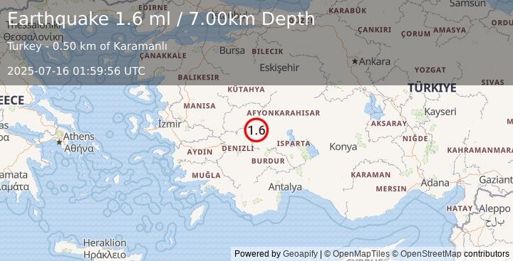 Earthquake WESTERN TURKEY (1.6 ml) (2025-07-16 01:59:56 UTC)