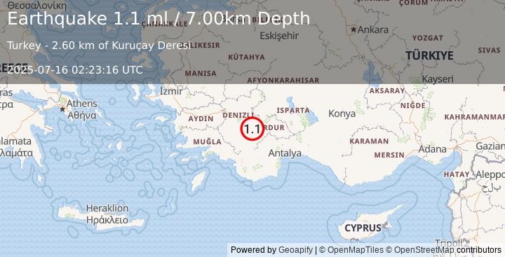 Earthquake WESTERN TURKEY (1.1 ml) (2025-07-16 02:23:16 UTC)