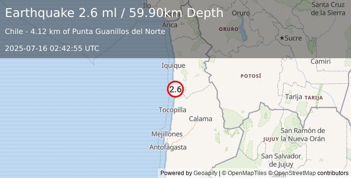 Earthquake TARAPACA, CHILE (2.6 ml) (2025-07-16 02:42:55 UTC)