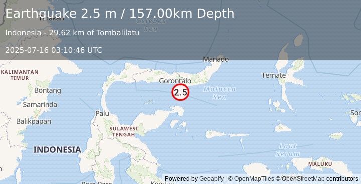 Earthquake MINAHASA, SULAWESI, INDONESIA (2.5 m) (2025-07-16 03:10:46 UTC)