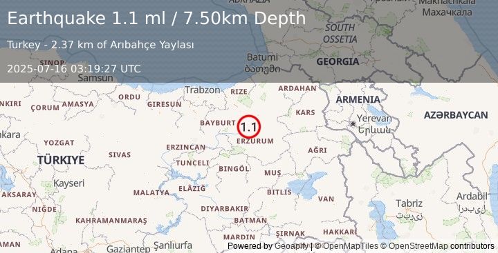 Earthquake EASTERN TURKEY (1.1 ml) (2025-07-16 03:19:27 UTC)
