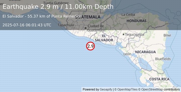 Earthquake OFFSHORE EL SALVADOR (2.9 m) (2025-07-16 06:01:43 UTC)