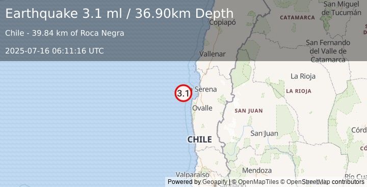 Earthquake OFFSHORE COQUIMBO, CHILE (3.1 ml) (2025-07-16 06:11:16 UTC)