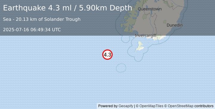 Earthquake OFF W. COAST OF S. ISLAND, N.Z. (4.3 ml) (2025-07-16 06:49:34 UTC)