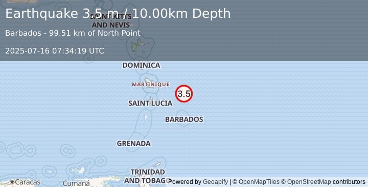 Earthquake BARBADOS REGION, WINDWARD ISL. (3.5 m) (2025-07-16 07:34:19 UTC)