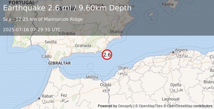 Earthquake WESTERN MEDITERRANEAN SEA (2.6 ml) (2025-07-16 07:29:31 UTC)