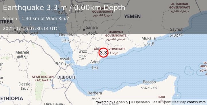 Earthquake NEAR THE COAST OF YEMEN (3.3 m) (2025-07-16 07:30:14 UTC)