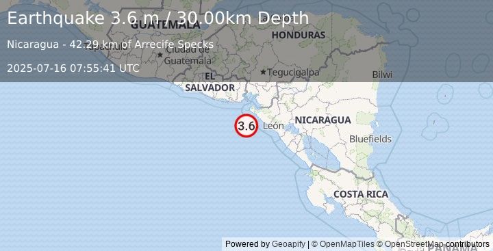 Earthquake NEAR COAST OF NICARAGUA (3.6 m) (2025-07-16 07:55:41 UTC)
