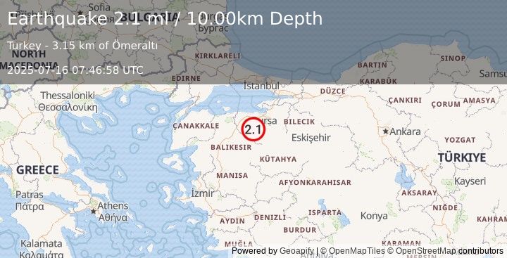 Earthquake WESTERN TURKEY (2.1 ml) (2025-07-16 07:46:58 UTC)