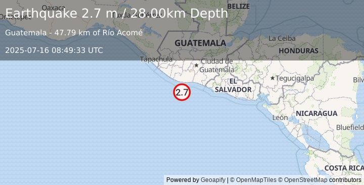 Earthquake OFFSHORE GUATEMALA (2.7 m) (2025-07-16 08:49:33 UTC)