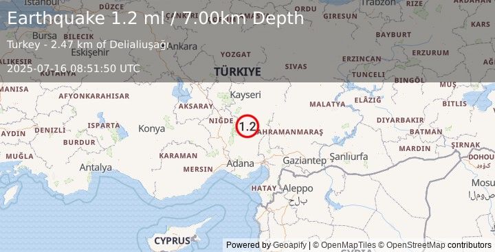 Earthquake CENTRAL TURKEY (1.2 ml) (2025-07-16 08:51:50 UTC)