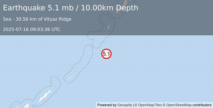 Earthquake KURIL ISLANDS (4.9 mb) (2025-07-16 09:03:38 UTC)