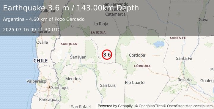 Earthquake LA RIOJA, ARGENTINA (3.6 m) (2025-07-16 09:11:30 UTC)