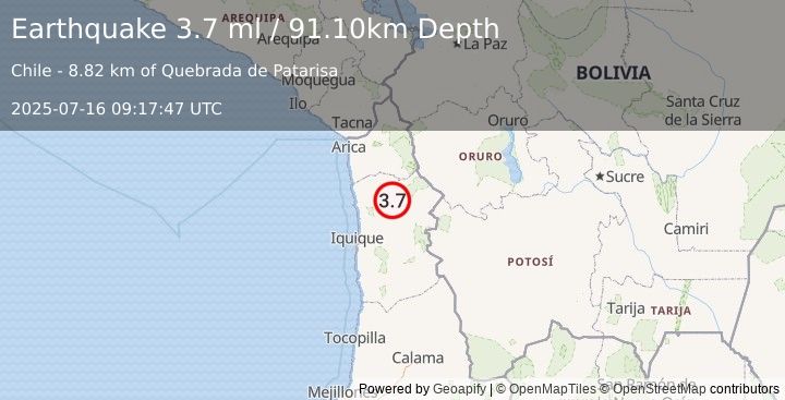 Earthquake TARAPACA, CHILE (3.7 ml) (2025-07-16 09:17:47 UTC)