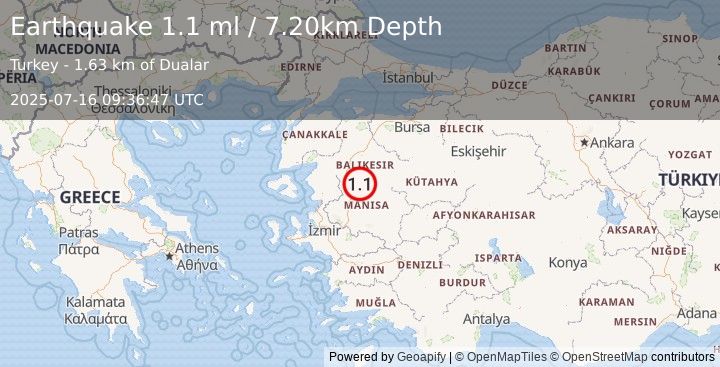 Earthquake WESTERN TURKEY (1.1 ml) (2025-07-16 09:36:47 UTC)