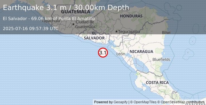 Earthquake OFFSHORE EL SALVADOR (3.1 m) (2025-07-16 09:57:39 UTC)