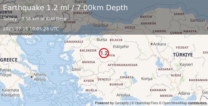 Earthquake WESTERN TURKEY (1.2 ml) (2025-07-16 10:05:28 UTC)