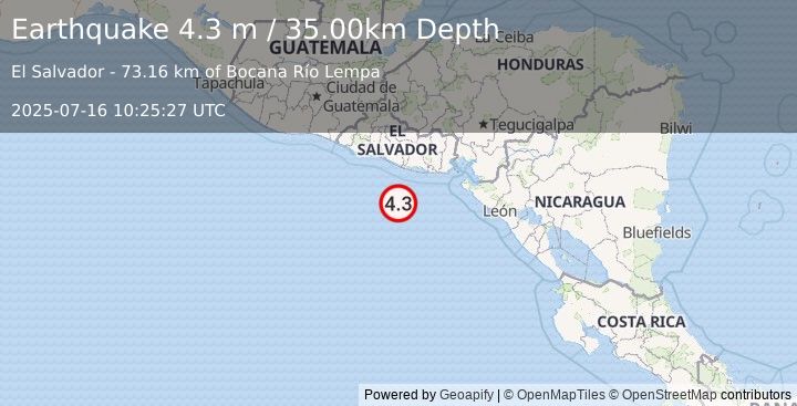 Earthquake OFFSHORE EL SALVADOR (4.3 m) (2025-07-16 10:25:27 UTC)