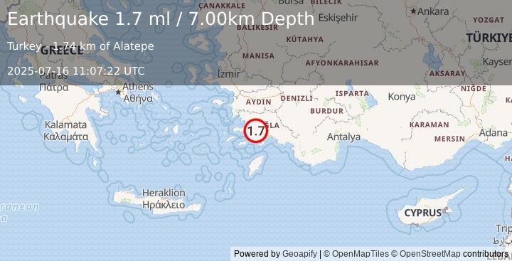 Earthquake WESTERN TURKEY (1.7 ml) (2025-07-16 11:07:22 UTC)