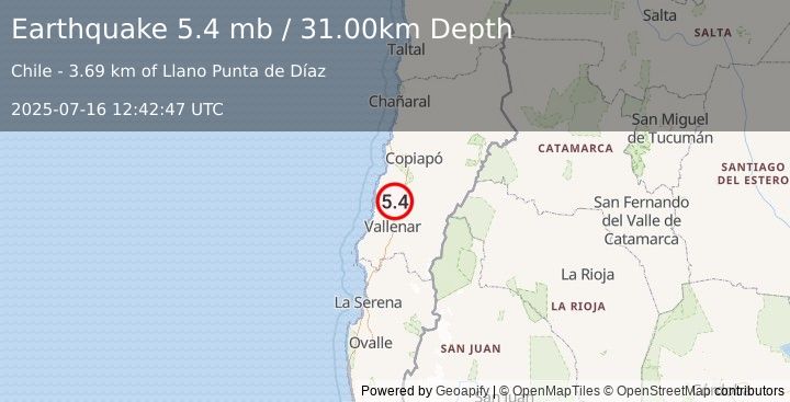 Earthquake ATACAMA, CHILE (5.2 m) (2025-07-16 12:42:47 UTC)