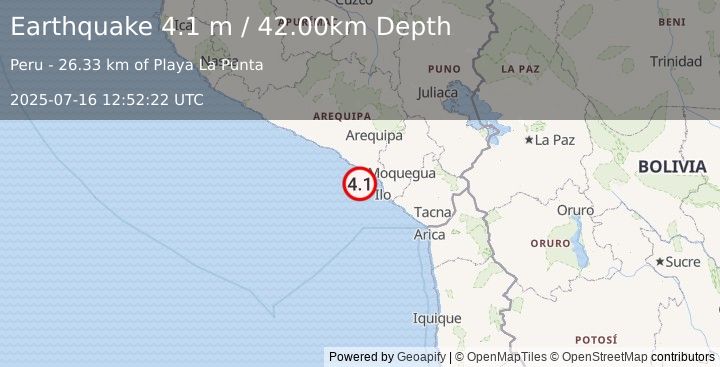 Earthquake NEAR COAST OF SOUTHERN PERU (4.1 m) (2025-07-16 12:52:22 UTC)
