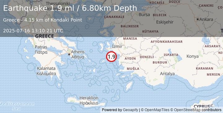 Earthquake DODECANESE ISLANDS, GREECE (1.9 ml) (2025-07-16 13:10:21 UTC)