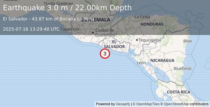 Earthquake OFFSHORE EL SALVADOR (3.0 m) (2025-07-16 13:29:40 UTC)