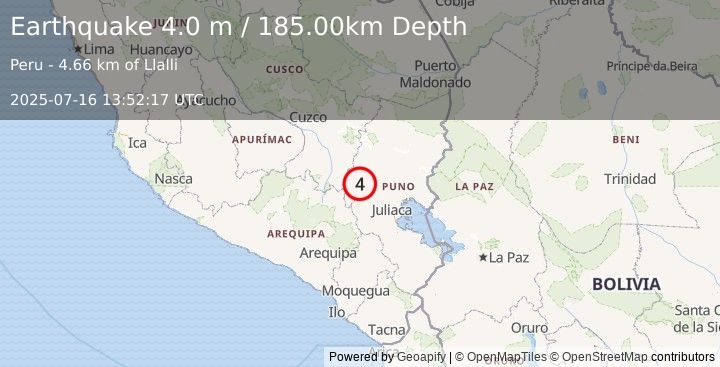 Earthquake SOUTHERN PERU (4.0 m) (2025-07-16 13:52:17 UTC)