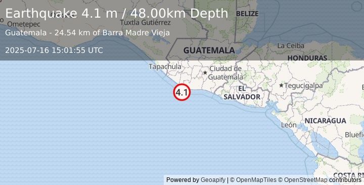 Earthquake OFFSHORE GUATEMALA (4.1 m) (2025-07-16 15:01:55 UTC)