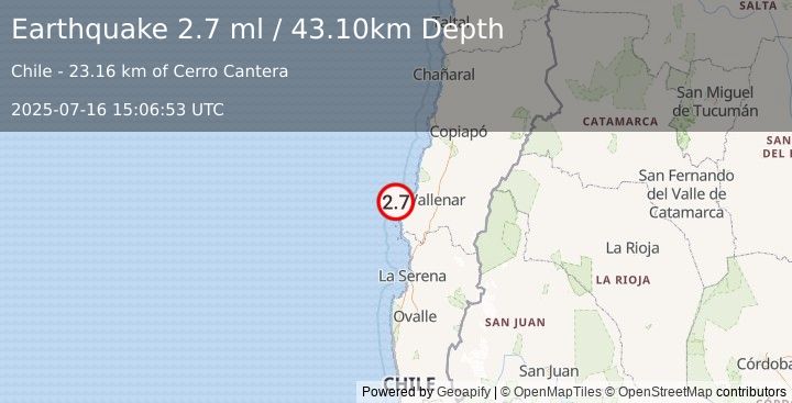 Earthquake OFFSHORE ATACAMA, CHILE (2.7 ml) (2025-07-16 15:06:53 UTC)