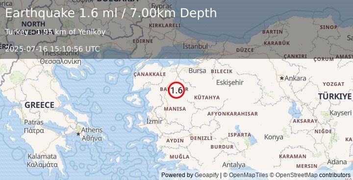 Earthquake WESTERN TURKEY (1.6 ml) (2025-07-16 15:10:56 UTC)