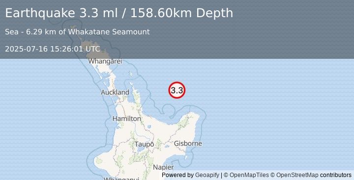 Earthquake OFF E. COAST OF N. ISLAND, N.Z. (3.3 ml) (2025-07-16 15:26:01 UTC)