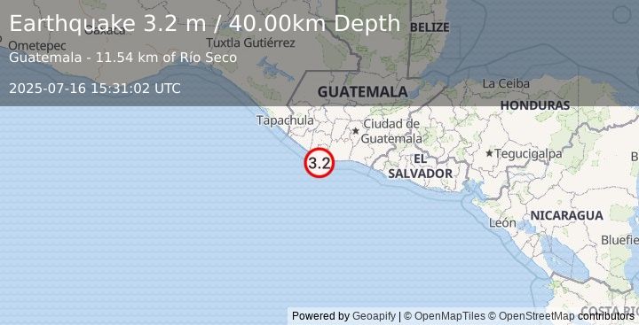 Earthquake OFFSHORE GUATEMALA (3.2 m) (2025-07-16 15:31:02 UTC)