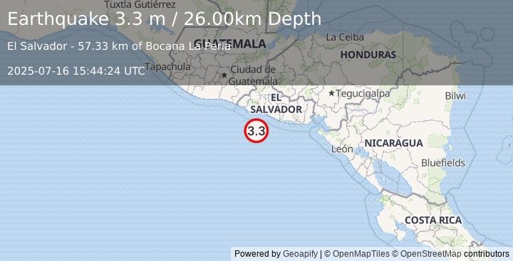 Earthquake OFFSHORE EL SALVADOR (3.3 m) (2025-07-16 15:44:24 UTC)