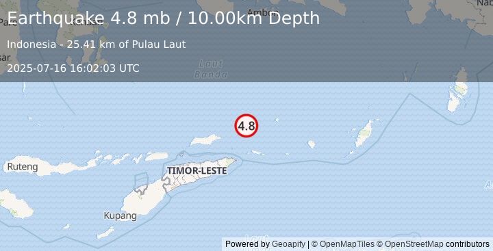 Earthquake KEPULAUAN BARAT DAYA, INDONESIA (5.1 mb) (2025-07-16 16:02:01 UTC)