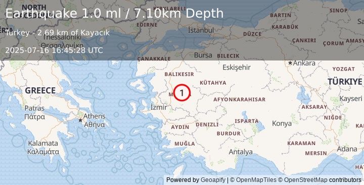 Earthquake WESTERN TURKEY (1.0 ml) (2025-07-16 16:45:28 UTC)