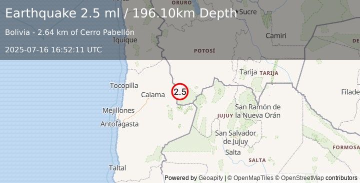 Earthquake POTOSI, BOLIVIA (2.5 ml) (2025-07-16 16:52:11 UTC)