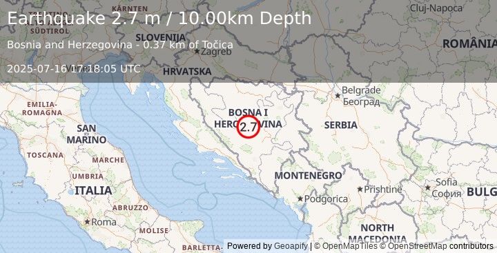 Earthquake BOSNIA AND HERZEGOVINA (2.7 m) (2025-07-16 17:18:05 UTC)