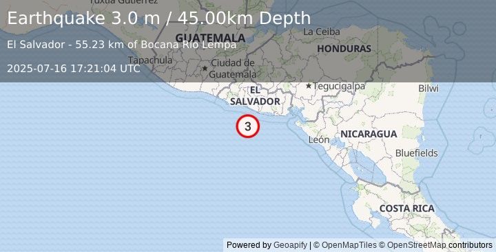 Earthquake OFFSHORE EL SALVADOR (3.0 m) (2025-07-16 17:21:04 UTC)