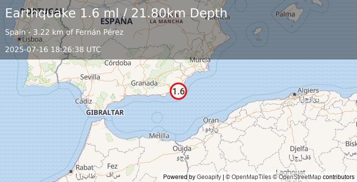Earthquake STRAIT OF GIBRALTAR (1.6 ml) (2025-07-16 18:26:38 UTC)