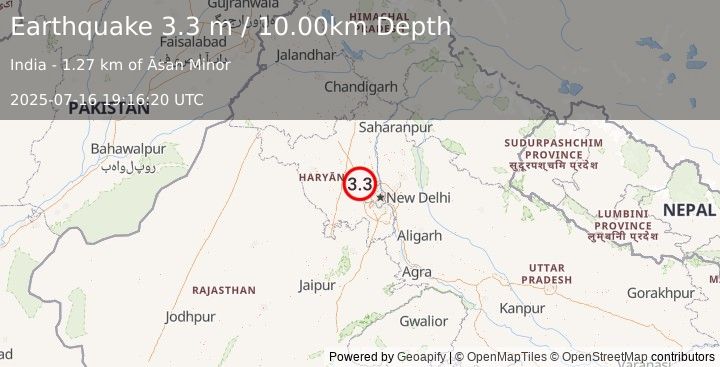 Earthquake HARYANA - DELHI REGION, INDIA (3.3 m) (2025-07-16 19:16:20 UTC)
