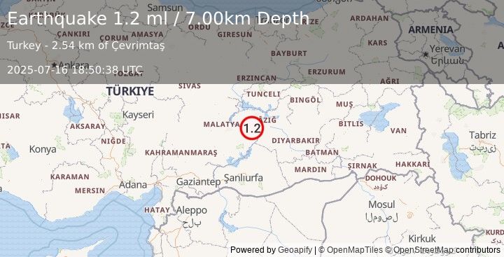 Earthquake EASTERN TURKEY (1.2 ml) (2025-07-16 18:50:38 UTC)