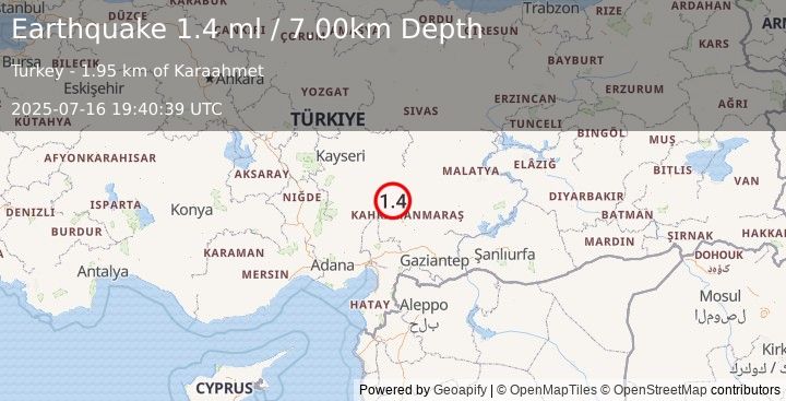 Earthquake CENTRAL TURKEY (1.4 ml) (2025-07-16 19:40:39 UTC)