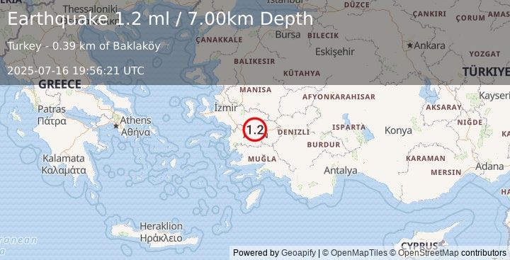 Earthquake WESTERN TURKEY (1.2 ml) (2025-07-16 19:56:21 UTC)