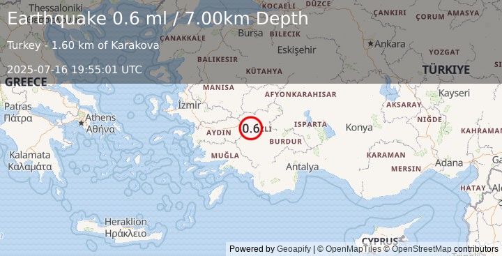 Earthquake WESTERN TURKEY (0.6 ml) (2025-07-16 19:55:01 UTC)