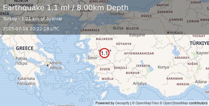 Earthquake WESTERN TURKEY (1.1 ml) (2025-07-16 20:22:18 UTC)
